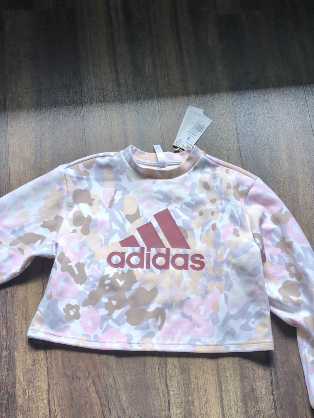 adidas Pink & Tan Camo Logo Cropped Crew Sweatshirt - Picture 3 of 8